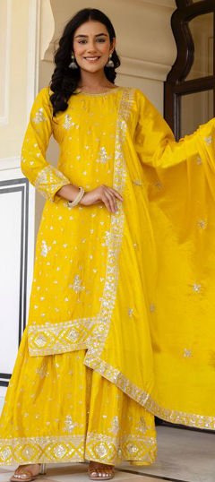 Yellow color Salwar Kameez in Chinon Silk fabric with Embroidered, Sequence, Thread work