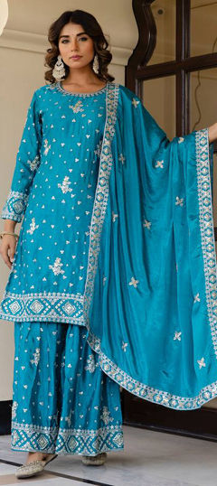 Blue color Salwar Kameez in Chinon Silk fabric with Embroidered, Sequence, Thread work