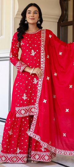 Red and Maroon color Salwar Kameez in Chinon Silk fabric with Embroidered, Sequence, Thread work