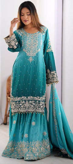 Blue color Salwar Kameez in Chinon Silk fabric with Moti, Sequence, Thread work