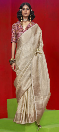 Beige and Brown color Saree in Viscose fabric with Weaving work