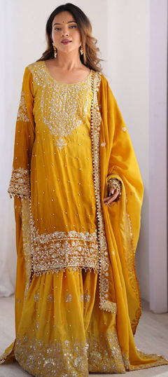 Yellow color Salwar Kameez in Chinon Silk fabric with Moti, Sequence, Thread work