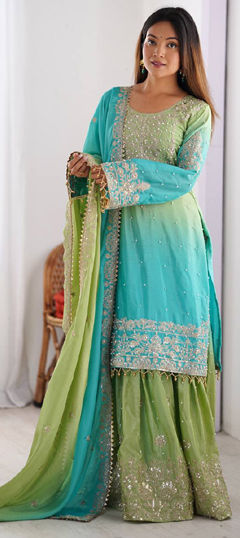 Green color Salwar Kameez in Chinon Silk fabric with Moti, Sequence, Thread work