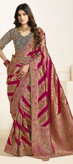 Pink and Majenta color Saree in Silk fabric with Lace, Weaving, Zari work