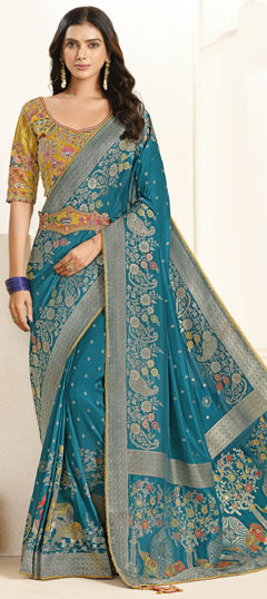 Blue color Saree in Silk fabric with Lace, Weaving, Zari work