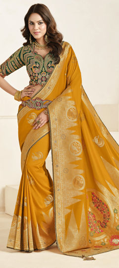Yellow color Saree in Silk fabric with Lace, Weaving, Zari work