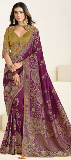 Purple and Violet color Saree in Silk fabric with Lace, Weaving, Zari work