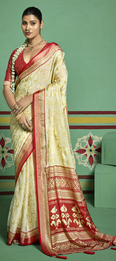 Beige and Brown, Red and Maroon color Saree in Brasso fabric with Weaving, Zari work