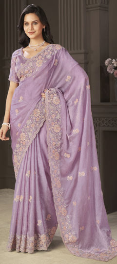 Purple and Violet color Saree in Tissue fabric with Embroidered, Sequence, Thread work