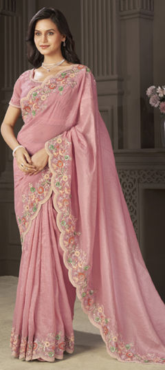 Pink and Majenta color Saree in Tissue fabric with Embroidered, Sequence, Thread work