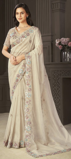 Beige and Brown color Saree in Tissue fabric with Embroidered, Sequence, Thread work