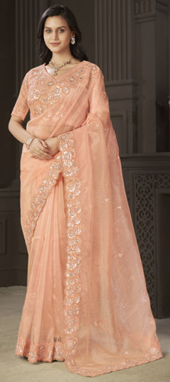 Orange color Saree in Tissue fabric with Embroidered, Sequence, Thread work