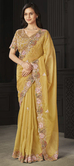 Yellow color Saree in Tissue fabric with Embroidered, Sequence, Thread work