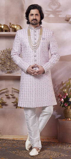 Pink and Majenta color Sherwani in Art Silk fabric with Embroidered, Thread work