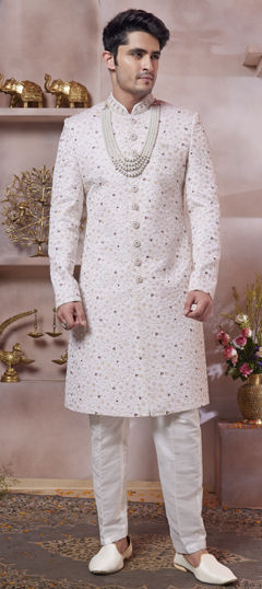 Beige and Brown color Sherwani in Art Silk fabric with Embroidered, Thread work