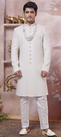 Beige and Brown color Sherwani in Art Silk fabric with Embroidered, Thread work