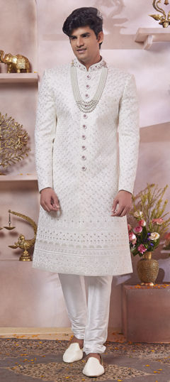 Beige and Brown color Sherwani in Art Silk fabric with Embroidered, Thread work