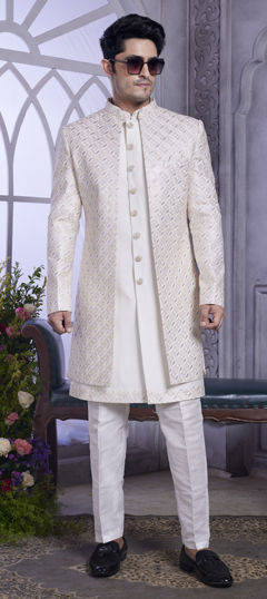 White and Off White color IndoWestern Dress in Art Silk fabric with Embroidered, Sequence, Thread work