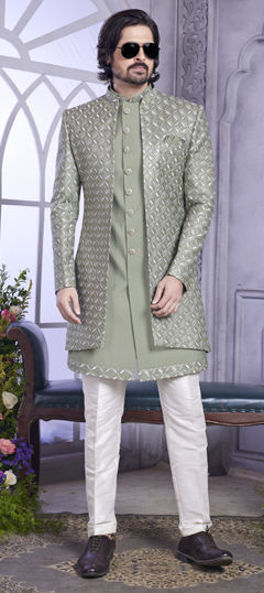 Green color IndoWestern Dress in Art Silk fabric with Embroidered, Sequence, Thread work