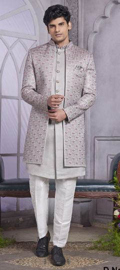 Black and Grey color IndoWestern Dress in Art Silk fabric with Embroidered, Sequence, Thread work