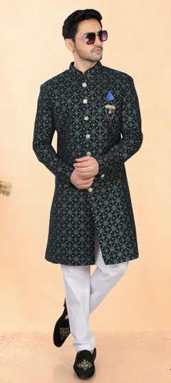 Blue color IndoWestern Dress in Velvet fabric with Embroidered, Sequence, Thread work