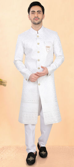 White and Off White color IndoWestern Dress in Silk fabric with Embroidered, Sequence, Thread work
