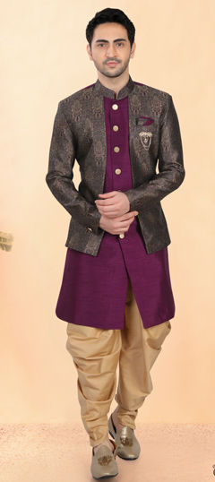 Purple and Violet color IndoWestern Dress in Silk fabric with Broches, Weaving work
