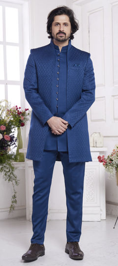 Blue color IndoWestern Dress in Jacquard fabric with Embroidered, Sequence work