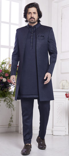 Blue color IndoWestern Dress in Jacquard fabric with Embroidered, Sequence work