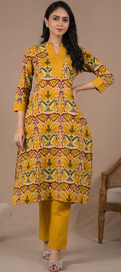 Yellow color Salwar Kameez in Cotton fabric with Printed work
