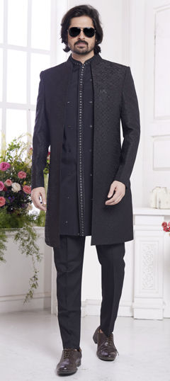 Black and Grey color IndoWestern Dress in Jacquard fabric with Embroidered, Sequence work