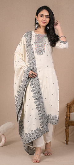 White and Off White color Salwar Kameez in Cotton fabric with Embroidered, Resham, Thread work