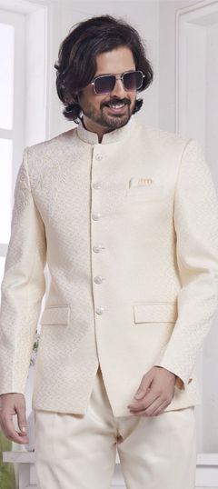 Beige and Brown color Blazer in Jacquard fabric with Embroidered, Sequence work