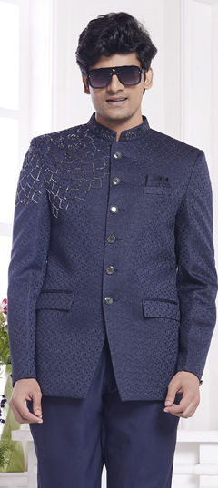 Blue color Blazer in Jacquard fabric with Embroidered, Sequence work
