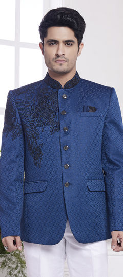Blue color Blazer in Jacquard fabric with Embroidered, Sequence work