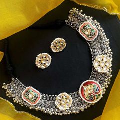 Gold and Silver Rodium Polish Multicolor color Necklace in Brass studded with Beads