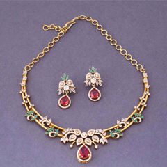 Gold Rodium Polish Red and Maroon color Necklace in Metal Alloy studded with Austrian diamond