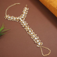 Gold Rodium Polish White and Off White color Haath Paan in Metal Alloy studded with CZ Diamond, Pearl