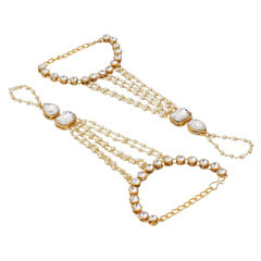 Gold Rodium Polish White and Off White color Haath Paan in Metal Alloy studded with CZ Diamond, Pearl