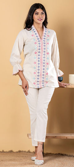 White and Off White color Co-ords Set in Cotton Flex fabric with Embroidered, Resham, Thread work