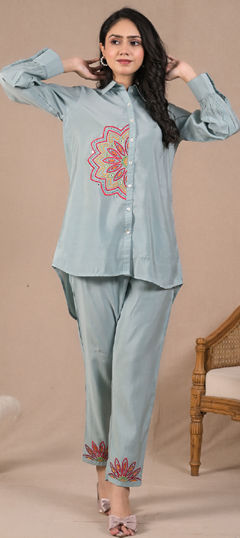 Blue color Co-ords Set in Roman Silk fabric with Embroidered, Resham, Thread work