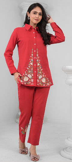 Red and Maroon color Co-ords Set in Cotton Flex fabric with Embroidered, Resham, Thread work