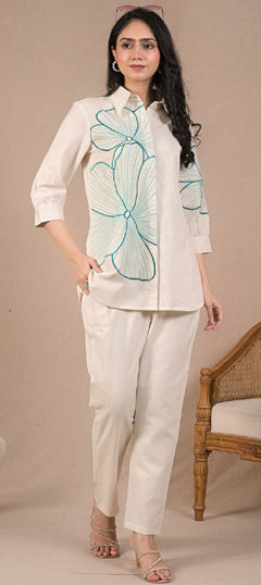 White and Off White color Co-ords Set in Cotton Flex fabric with Embroidered, Resham, Thread work