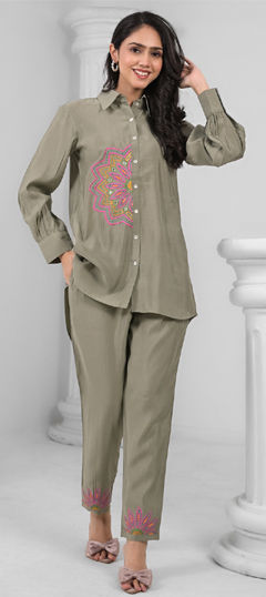 Black and Grey color Co-ords Set in Roman Silk fabric with Embroidered, Resham, Thread work