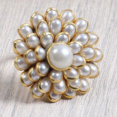 Gold Rodium Polish White and Off White color Ring in Brass studded with Pearl