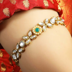 Gold Rodium Polish Green color Armlet in Brass studded with Kundan