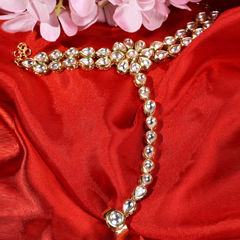 Gold Rodium Polish White and Off White color Haath Paan in Brass studded with Kundan