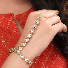 Gold Rodium Polish White and Off White color Haath Paan in Brass studded with Kundan