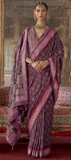 Red and Maroon color Saree in Blended fabric with Printed, Weaving work