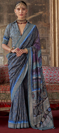 Blue color Saree in Blended fabric with Printed, Weaving work